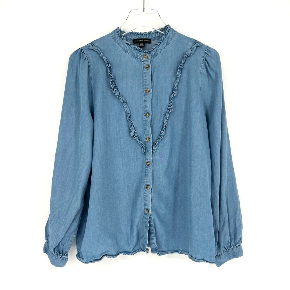 Saks Fifth Avenue Top Womens M Blue Ruffle Mock Neck Chambray Preppy Prairie